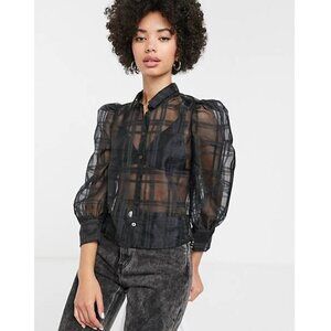 MONKI Organza Puff Sleeve Check Blouse Black Size XS